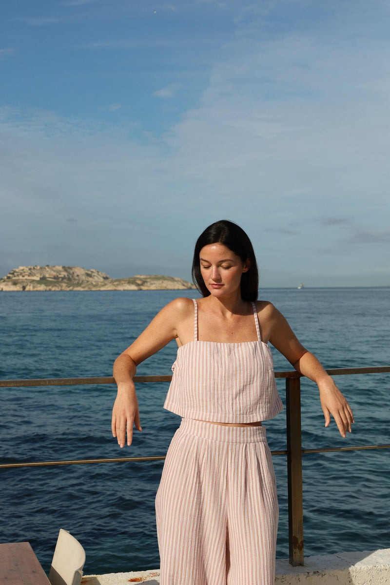 anja ready-to-wear pink striped palazzo pants campaign 4