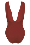 anja swimsuit one-piece plunge terracotta behind