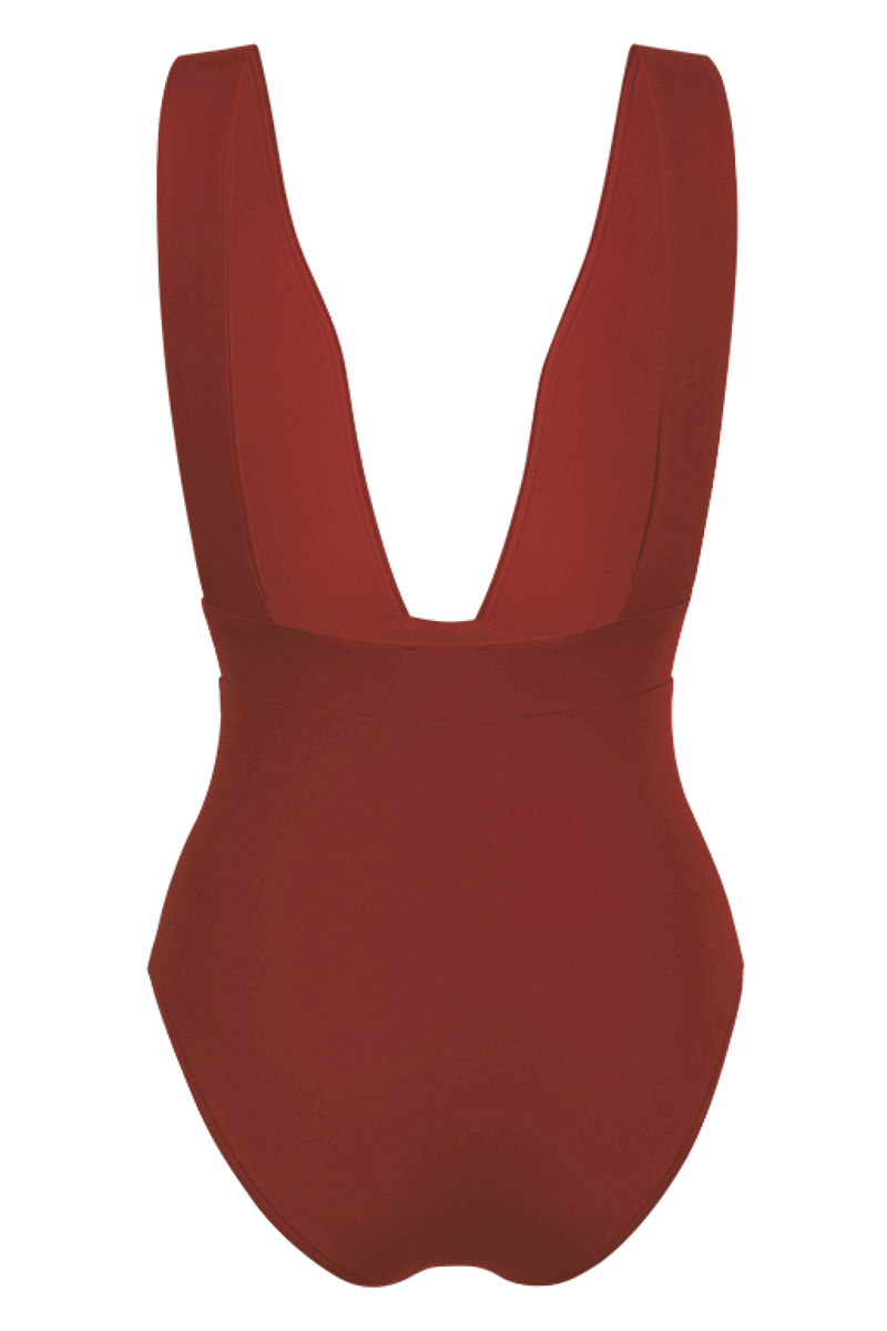 anja swimsuit one-piece plunge terracotta behind