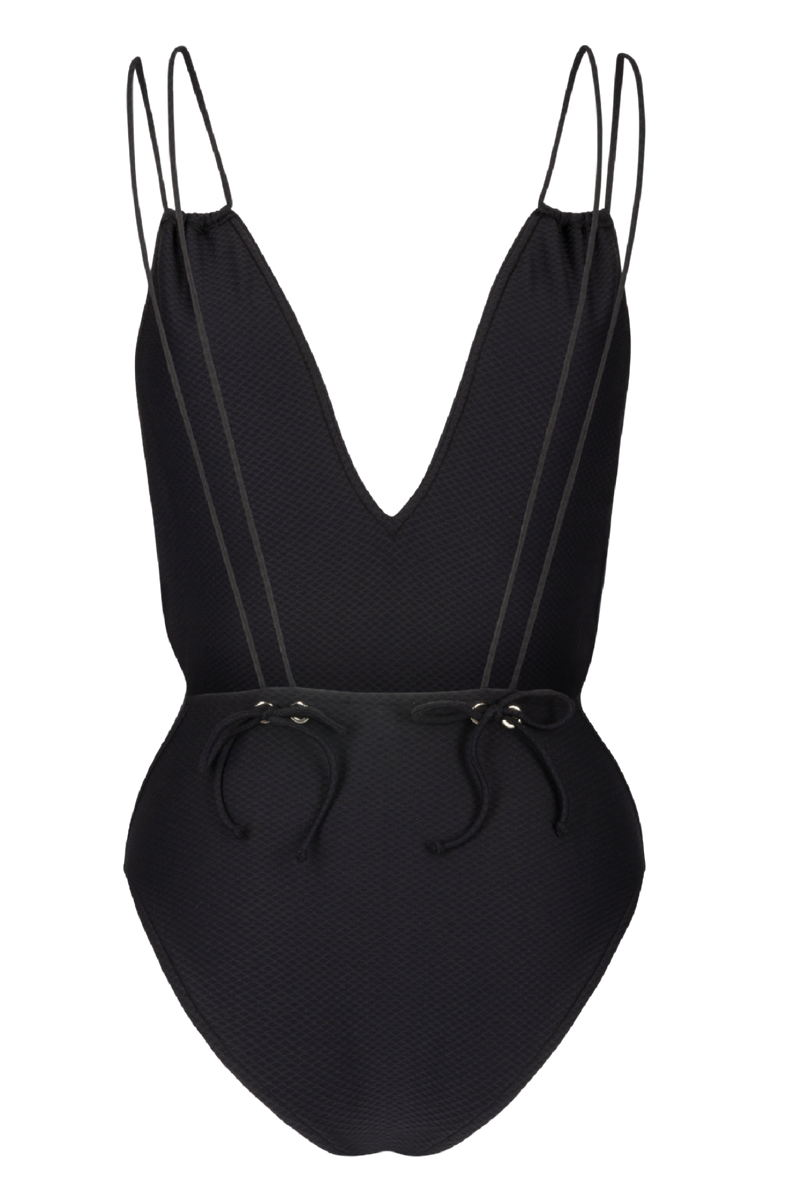 swimsuit very elegant black one-piece, with a large back neckline, adjustable thanks to its little bows