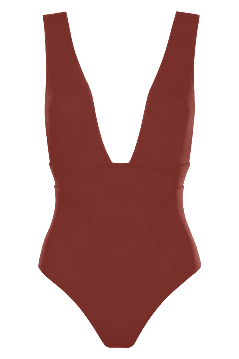 anja swimsuit one-piece plunge terracotta front