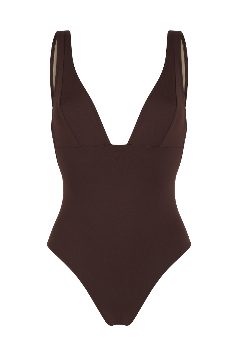 anja swimwear one-piece bath l'intrépide chocolat in front of