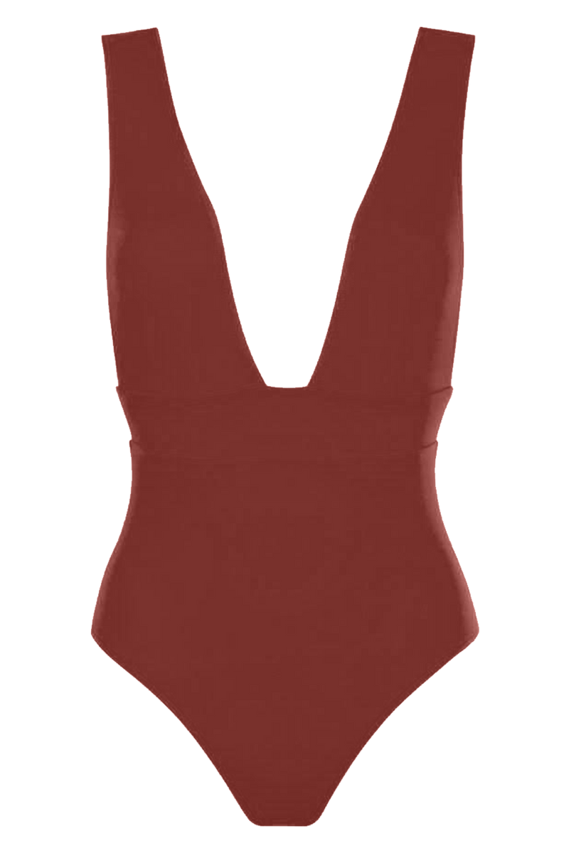 anja swimwear one-piece bathing suit plunging terracotta front