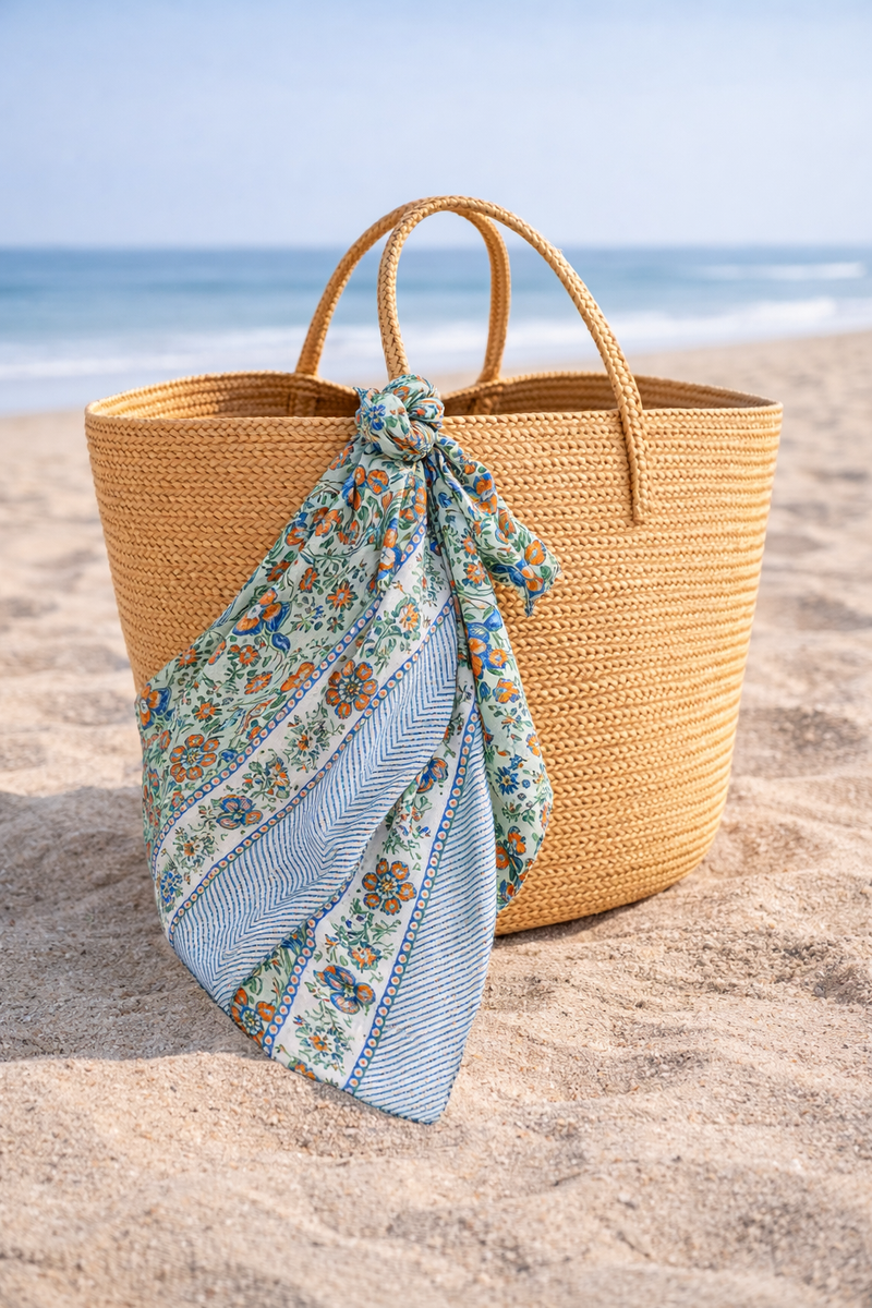 Le Paréo - Imprimé Fleurs Orange  - Bleu