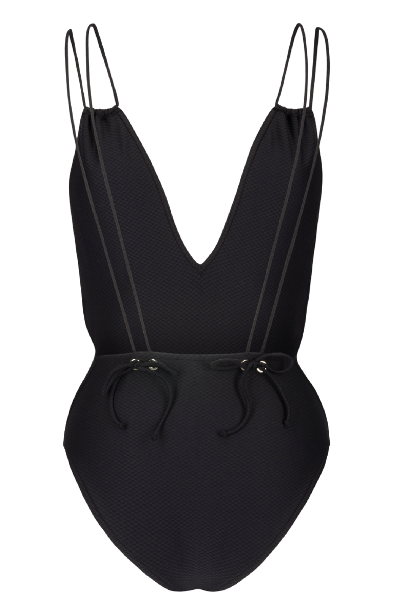 Maillot de bain une pièce noir très élégant, avec un grand décolleté de dos, ajustable grâce à ses petits noeuds