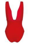 swimsuit one-piece red with plunging neckline