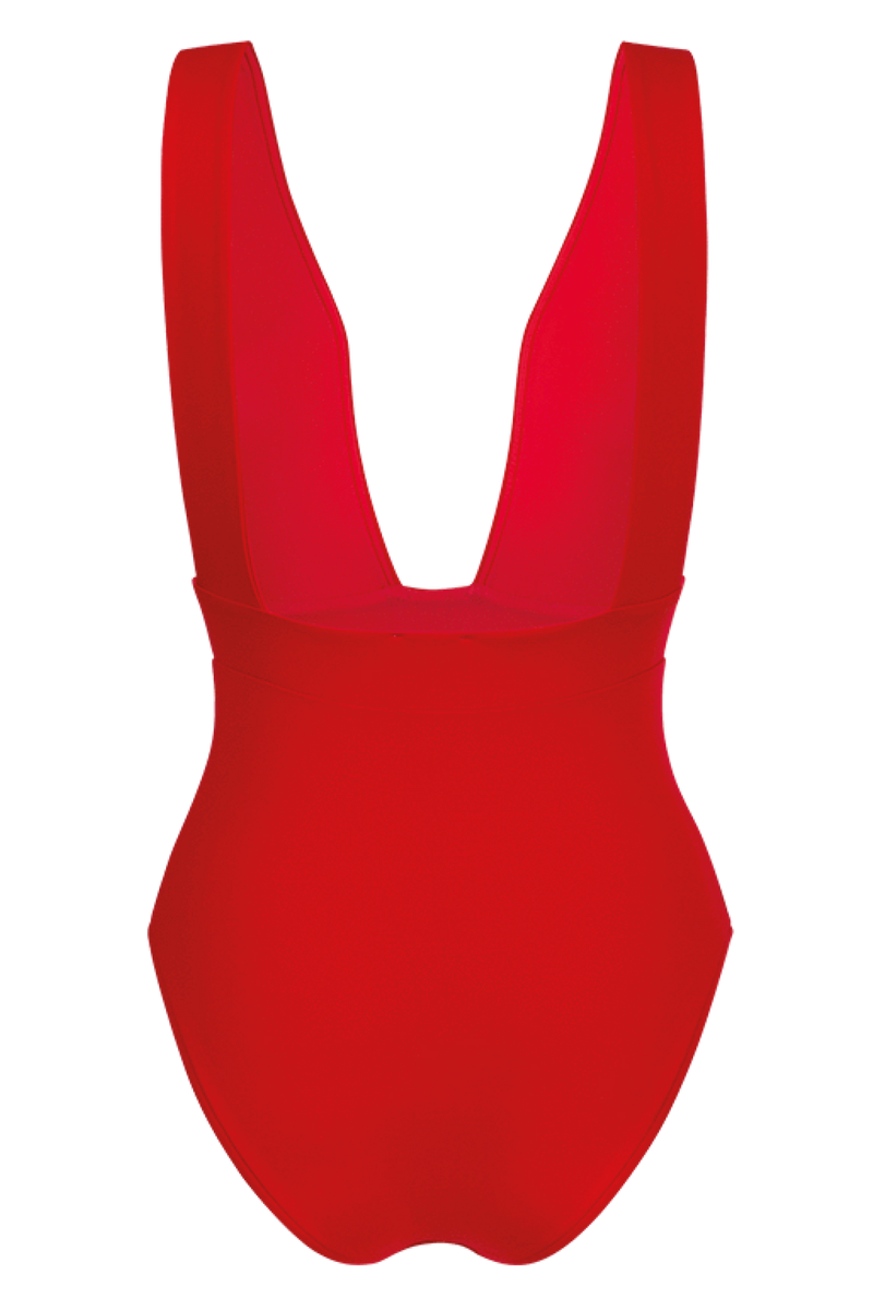 swimsuit one-piece red with plunging neckline
