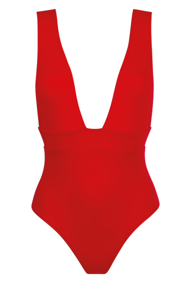 swimsuit one-piece red with plunging neckline