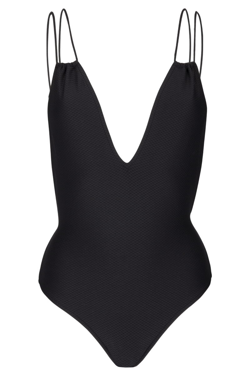 Maillot de bain une pièce noir très élégant, avec un grand décolleté de dos, ajustable grâce à ses petits noeuds